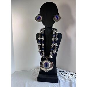 Anthony Alexander Runway Silvertone‎  Art Glass Statement Necklace Earrings Set